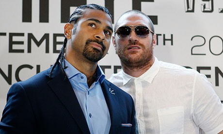 David Haye, left, and Tyson Fury promote their September fight